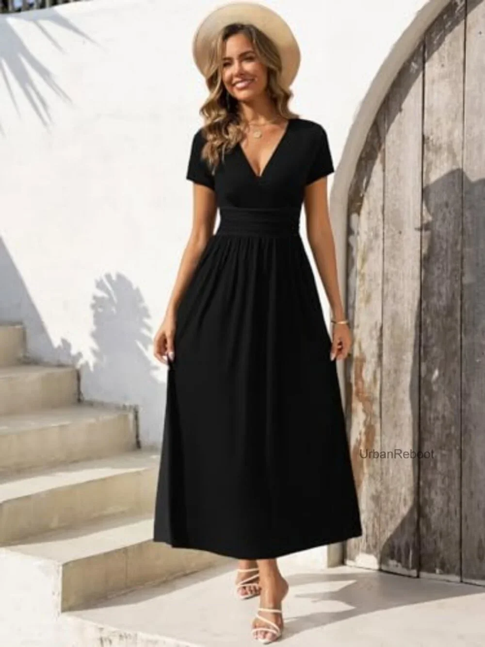 Wrap Maxi Dress with Pockets Short Sleeve V-Neck Summer Midi A-Line